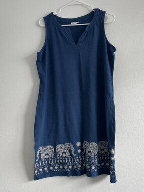 J Jill Dress Women M Blue Elephant Embroidery Boho Cottagecore Lagenlook Knee